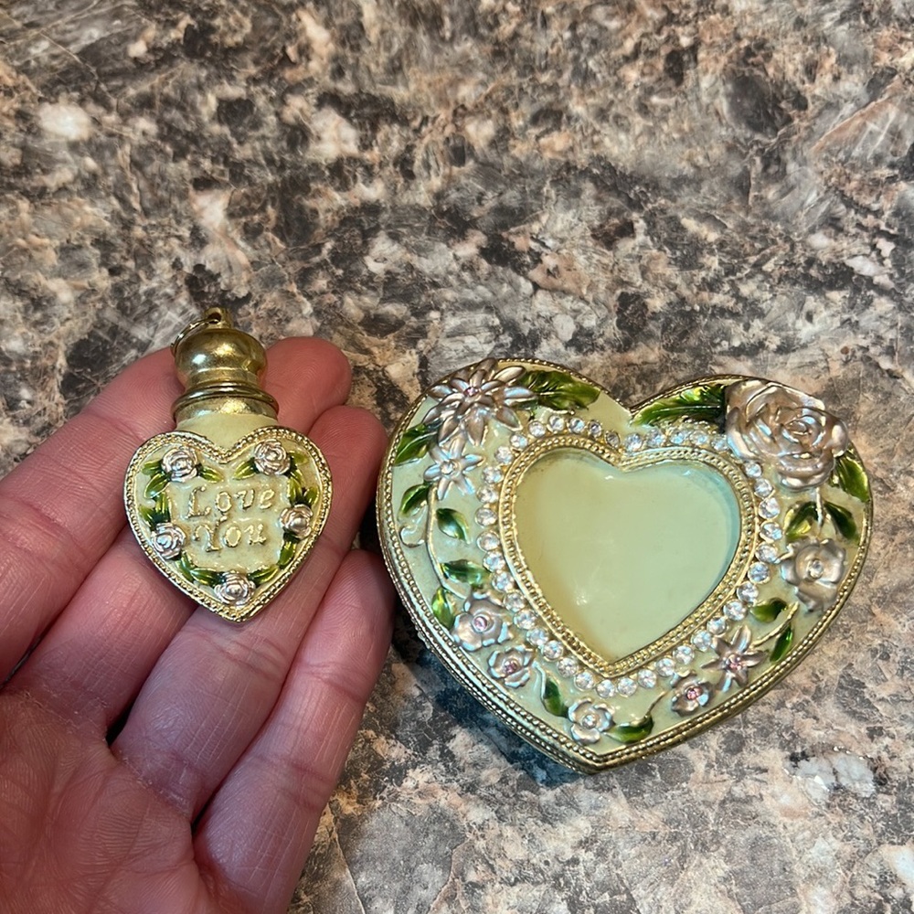 Vintage Enamel Jewelry Box with Perfume Bottle Heart Shaped Pendant Birthday